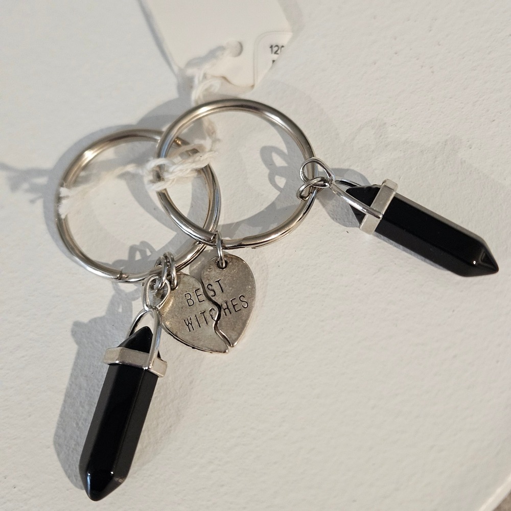 Best Witches Heart Obsidian Crystal Point 2pc Set Keychain Black Witchy Gift NEW